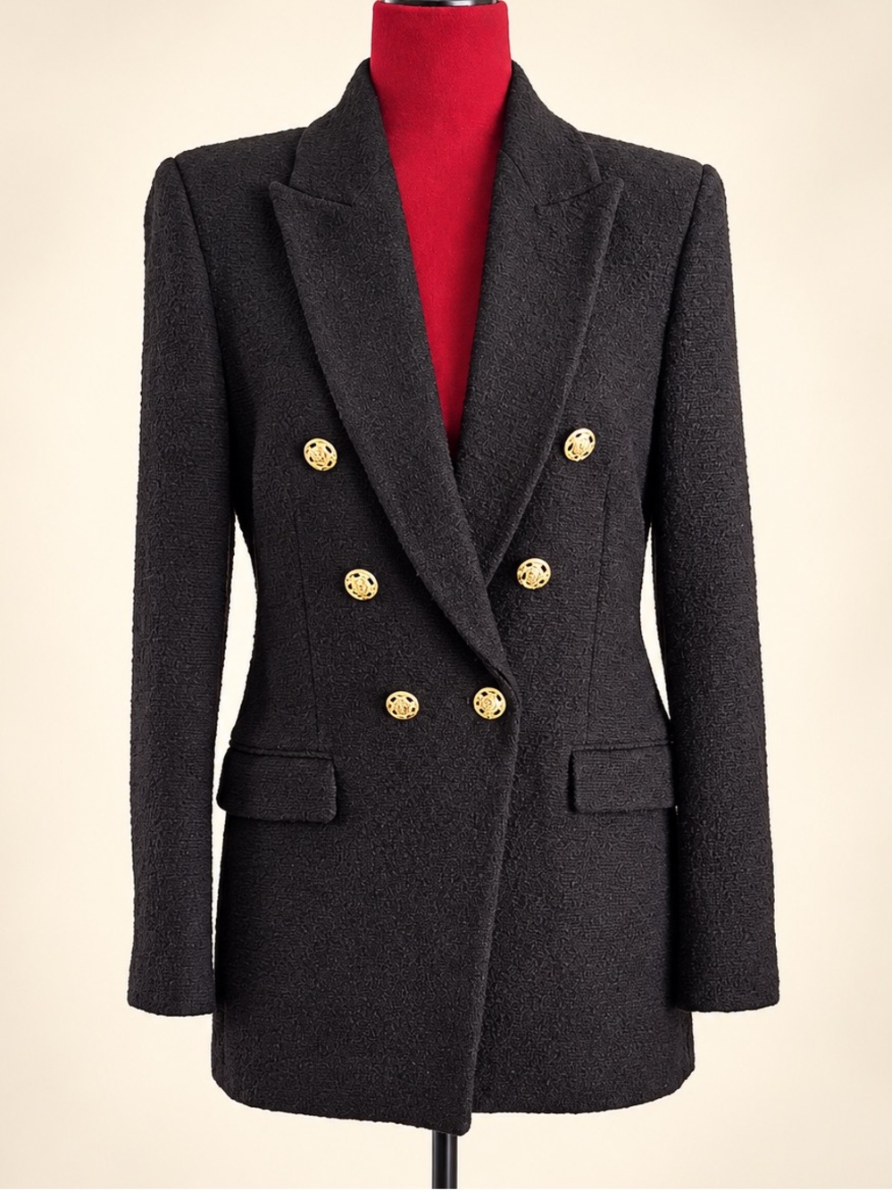 ZARA Black Tweed Double-Breasted Blazer with Gold Buttons S small